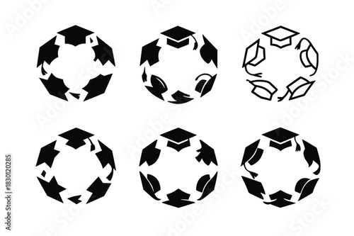 Graduation Cap Icons. Graduation cap toss. Icon set. Set Logo of graduation cap toss: caps forming circle in the air. harmonious logo variations of the same