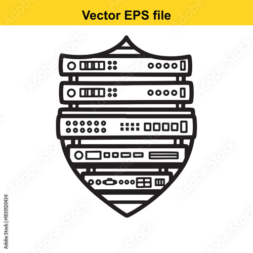Outline icon of a computer server rack protected by a shield shape, representing network security, data protection, and cybersecurity concept, isolated on white background