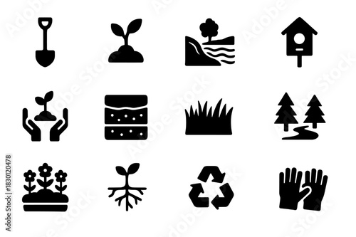 Habitat Restoration Icons. Habitat restoration. Solid icon set of habitat restoration: shovel, seedling, riverbank, birdhouse, tree planting, soil layers,