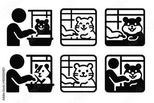 Hamster Care Logos. Feeding a hamster in its cage. Icon set. Set Logo of hamster care: happy pet with full cheeks. harmonious logo variations of the same
