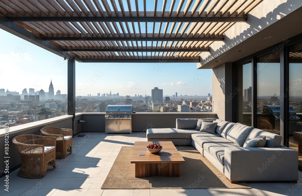 Obraz premium Modern rooftop terrace boasts city view with pergola, comfortable seating. Outdoor furniture decorates patio. Urban cityscape view from balcony. Grill stands nearby. Lounge space for relaxation under