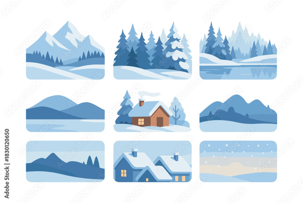 Naklejka premium Winter landscape scenes, mountains, snow, flat vector illustration