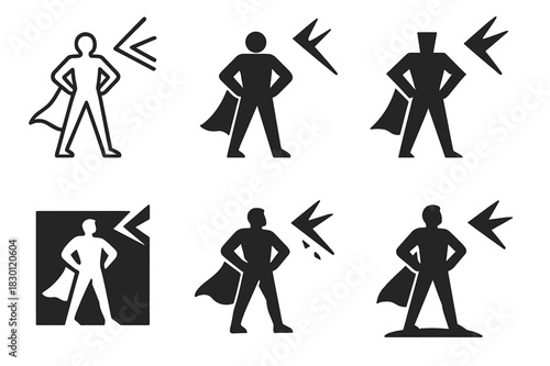Heroic Icons Set. Hero Facing Danger Bravely. Icon set. Set Logo of Hero Facing Danger Bravely: symbolic stance of courage. harmonious logo variations of the