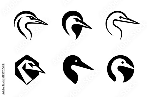 Heron Logo Collection. Herons. Icon set. Set Logo of Herons: minimal heron head profile. harmonious logo variations of the same emblematic concept, each with