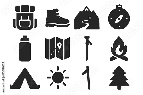 Hiking Essentials Icons. Hiking and Trekking. Solid icon set of Hiking and Trekking: backpack, hiking boots, mountain, trail, compass, water bottle, map,