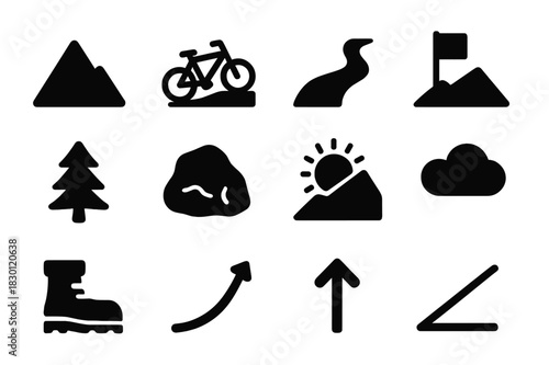 Hill Climb Icons. Hill climb. Solid icon set of hill climb: hill, bike, trail, flag, tree, rock, sun, cloud, boot, path, arrow up, slope line. Filled icons set