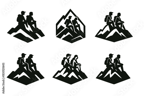 Hiking Logo Variations. People hiking in the mountains on a warm day. Icon set. Set Logo of hiking: hikers resting on a peak. harmonious logo variations of the