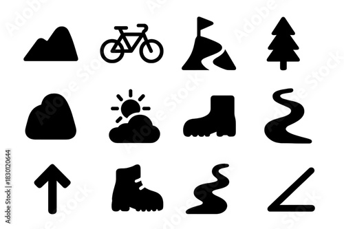 Hill Climb Icons. Hill climb. Solid icon set of hill climb: hill, bike, trail, flag, tree, rock, sun, cloud, boot, path, arrow up, slope line. Filled icons set