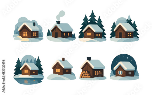 Winter cabin collection, snow, forest, flat vector illustration