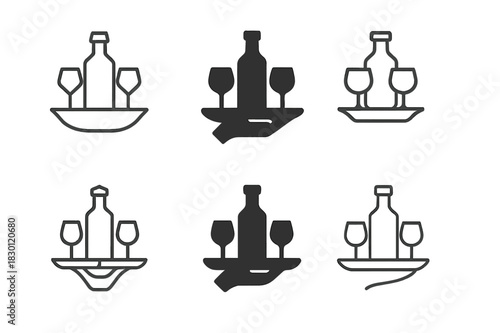 Home Bar Logos. Home bar and entertainment area design. Icon set. Set Logo of home bar and entertainment area design: Drink tray with glasses. harmonious logo