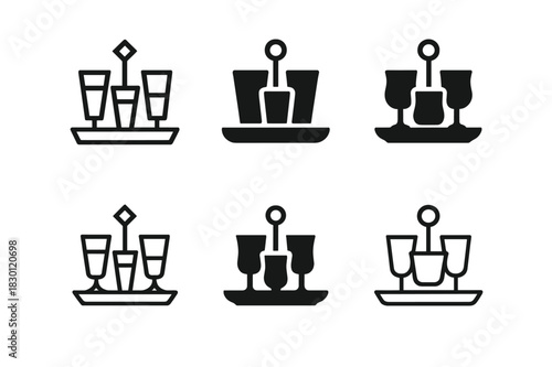 Home Bar Logos. Home bar and entertainment area design. Icon set. Set Logo of home bar and entertainment area design: Drink tray with glasses. harmonious logo