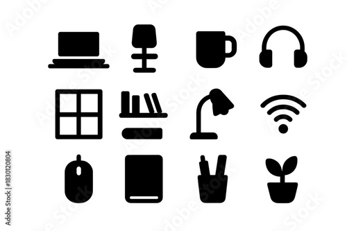 Home Workspace Icons. Work from home setup. Solid icon set of work from home setup: laptop on desk, chair, mug, headphones, window, bookshelf, lamp, Wi-Fi