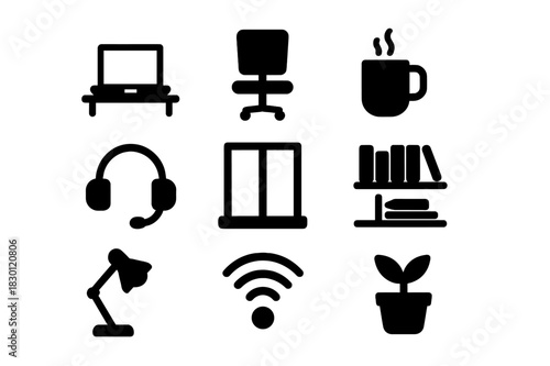 Home Workspace Icons. Work from home setup. Solid icon set of work from home setup: laptop on desk, chair, mug, headphones, window, bookshelf, lamp, Wi-Fi