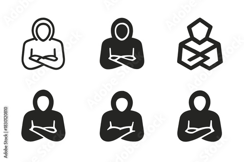 Hoodie Logo Variations. Wearing hoodie. Icon set. Set Logo of wearing hoodie: hoodie with folded sleeves. harmonious logo variations of the same emblematic