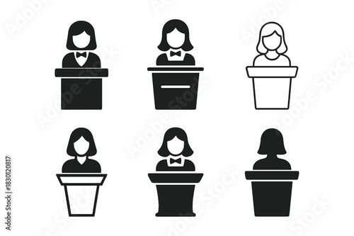 Hostess Logo Variations. Hostess. Icon set. Set Logo of Hostess: hostess figure at restaurant podium. harmonious logo variations of the same emblematic