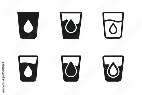 Hydration Logo Variations. Drinking enough water. Icon set. Set Logo of hydration: cup with drop icon. harmonious logo variations of the same emblematic