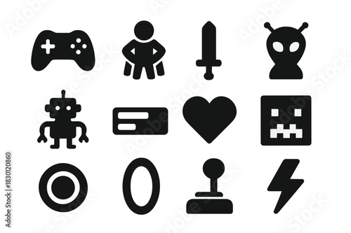 Iconic Game Symbols. Video Game Characters. Solid icon set of Video Game Characters: game controller, hero, sword, alien, robot, health bar, heart, pixel face,