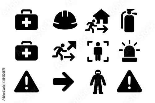 Iconic Safety Symbols. Safety measures. Solid icon set of Safety measures: emergency kit, helmet, earthquake exit, fire extinguisher, first aid kit, evacuation