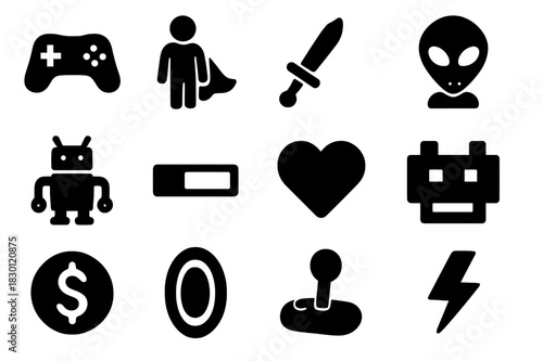 Iconic Game Symbols. Video Game Characters. Solid icon set of Video Game Characters: game controller, hero, sword, alien, robot, health bar, heart, pixel face,