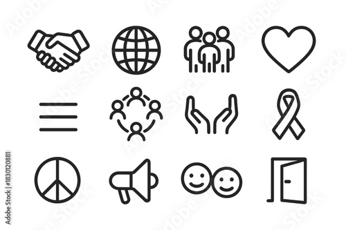 Inclusive Society Icons. Inclusive society. Line icon set of inclusive society: handshake, globe, community, heart, equal sign, people circle, support hands,
