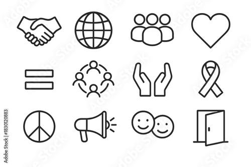 Inclusive Society Icons. Inclusive society. Line icon set of inclusive society: handshake, globe, community, heart, equal sign, people circle, support hands,