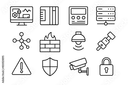 Industrial Icon Set. Industrial Control Systems. Line icon set of Industrial Control Systems: SCADA system, PLC, control panel, server, network, firewall,
