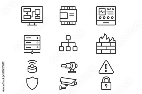 Industrial Icon Set. Industrial Control Systems. Line icon set of Industrial Control Systems: SCADA system, PLC, control panel, server, network, firewall,