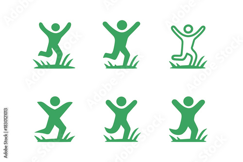 Joyful Running Logos. Happy Person Running Through a Field. Icon set. Set Logo of Happy Person Running Through a Field: person with arms raised in open field.