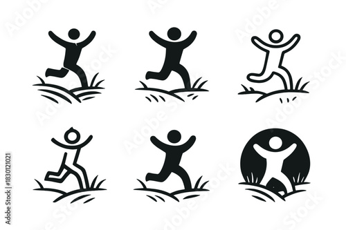 Joyful Running Logos. Happy Person Running Through a Field. Icon set. Set Logo of Happy Person Running Through a Field: person with arms raised in open field.