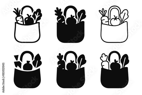 June Farmer?s Market Logos. June Farmer?s Market. Icon set. Set Logo of June Farmer?s Market: reusable tote with vegetables. harmonious logo variations of the