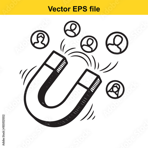 Hand drawn sketch of a large horseshoe magnet attracting small user profile icons, symbolizing customer acquisition, lead generation, or social media engagement concept isolated on white background
