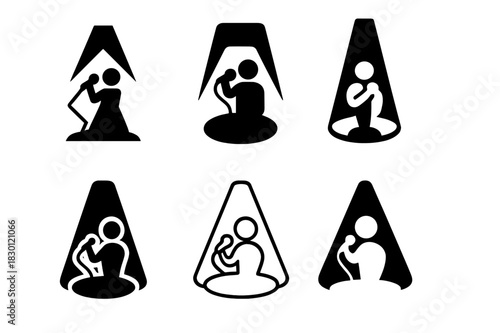 Karaoke Logo Variations. Karaoke events and competitions. Icon set. Set Logo of karaoke: spotlight on performer. harmonious logo variations of the same