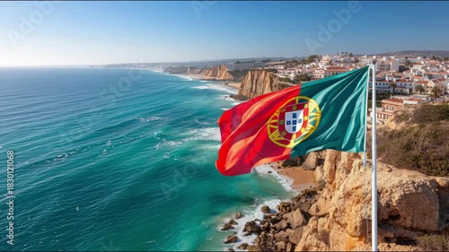 The vibrant Portuguese flag flutters above the dramatic cliffs of Algarve, showcasing beautiful turquoise waters below.