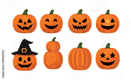 Halloween pumpkin collection, jack-o'-lanterns, cauldrons, flat vector illustration
