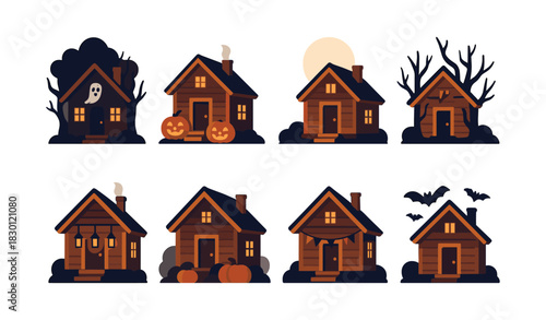 Halloween haunted houses, ghost, bats, pumpkins, flat vector illustration