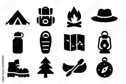 Kids Camp Essentials. Kids Summer Camp. Solid icon set of tent, backpack, campfire, hat, water bottle, sleeping bag, map, lantern, hiking boots, tree, canoe,