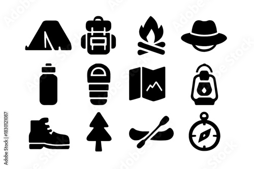 Kids Camp Essentials. Kids Summer Camp. Solid icon set of tent, backpack, campfire, hat, water bottle, sleeping bag, map, lantern, hiking boots, tree, canoe,