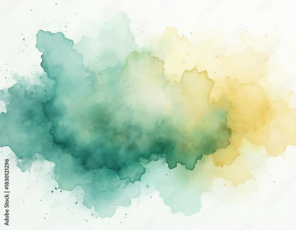 Obraz premium Abstract watercolor splashes in teal and yellow blend on white background. Soft cloudy texture with paint drips and speckles for artistic design.