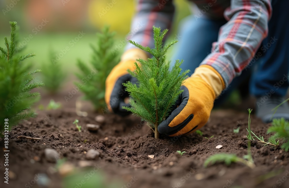 Naklejka premium Person in gloves plants young coniferous tree in soil. Gardener cultivates ground in backyard, planting green juniper sapling. Seasonal landscaping work involves growing new shrubs, trees in garden.