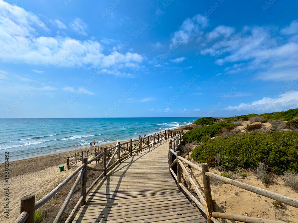 Obraz premium wonderful beach access near Marbella, wooden walkway to the Mediterranean Sea, Cabopino, Costa del Sol in the summer, Andalusia, Spain