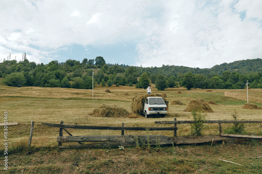 Naklejka premium Rural field with stacked hay bales and a white truck, a farmer standing on a bale under a blue sky, capturing a calm countryside harvest moment.
