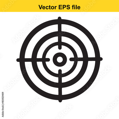 Black and white vector icon representing a target or crosshair symbol for aiming, focus, goal achievement, and precision, isolated on white background