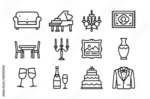 Luxury Line Icons. Luxury Home. Line icon set of Luxury Home: sofa set, grand piano, chandelier, ornate rug, dining table, candelabra, framed painting,