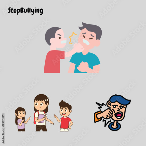 Bullying depiction with children, various forms, stark gray background. Perfect for antibullying campaigns, educational materials, and social awareness projects.
