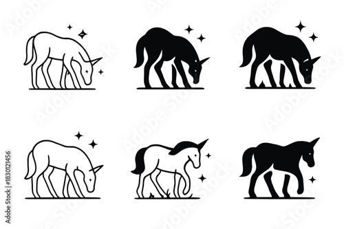 Magical Unicorn Logos. A unicorn grazing in a magical forest. Icon set. Set Logo of unicorn and magical sparkles. harmonious logo variations of the same