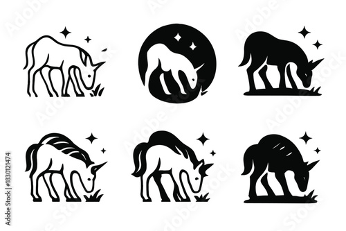 Magical Unicorn Logos. A unicorn grazing in a magical forest. Icon set. Set Logo of unicorn and magical sparkles. harmonious logo variations of the same