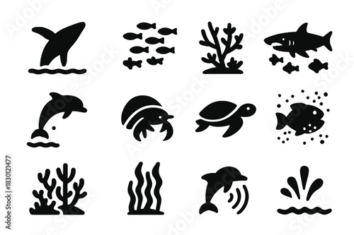 Marine Animal Icons. Marine Animal Behavior. Solid icon set of Marine Animal Behavior: breaching whale, school of fish, coral cleaning, hunting shark, dolphin