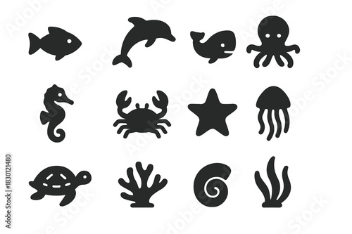 Marine Life Icons. Marine Life. Solid icon set of fish, dolphin, whale, octopus, seahorse, crab, starfish, jellyfish, turtle, coral, shell, seaweed. Filled