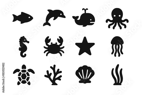 Marine Life Icons. Marine Life. Solid icon set of fish, dolphin, whale, octopus, seahorse, crab, starfish, jellyfish, turtle, coral, shell, seaweed. Filled