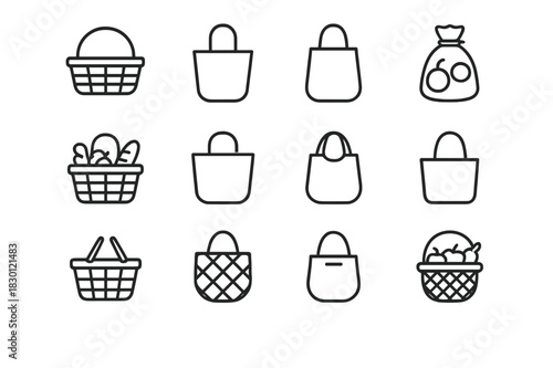 Market Basket Icons. Market Baskets. Line icon set of Market Baskets: wicker basket, tote bag, reusable bag, produce bag, filled basket, hand basket, cloth